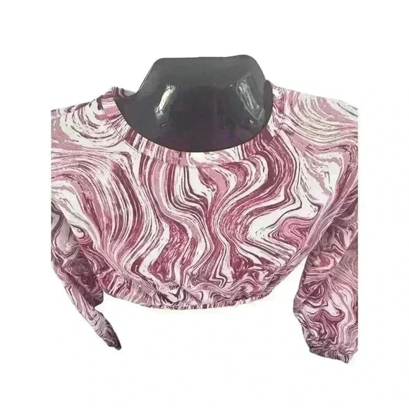 Womens Red White Marble Design Crop Top Balloon Sleeve‎ Size Medium M Midriff - Picture 10 of 13